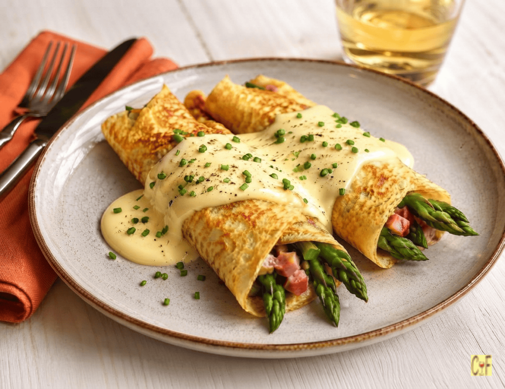 Ham & Asparagus Crêpes with Cheese Sauce