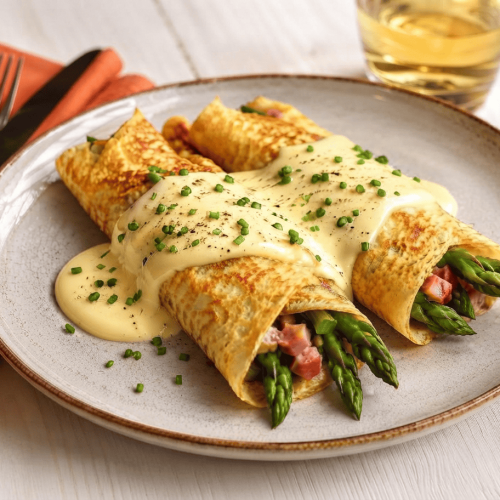 Ham & Asparagus Crêpes with Cheese Sauce